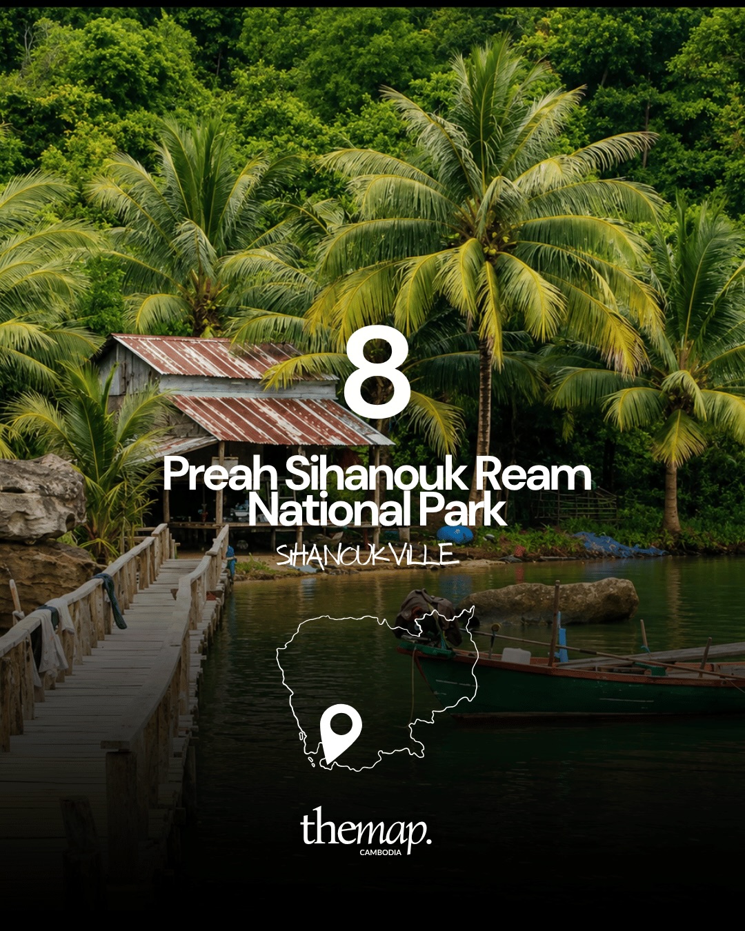 Wooden pier, palm trees and fishing boats at Ream National Park, Sihanoukville